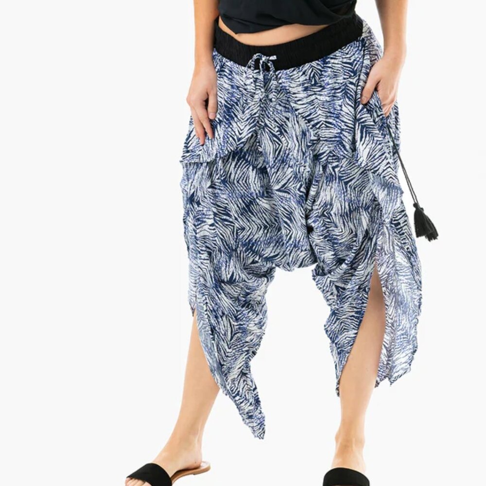 Flap Harem Pant Open Side Tasseled Drawstring Yoga Travel Beach Blue Zebra